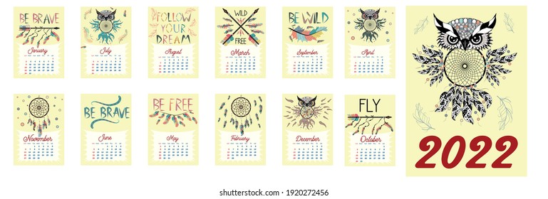 Colorful cute monthly boho calendar 2022 with dream catchers, boho owls, arrows, feathers, inspirational. vertical calendar for 2022, the week starts on Sunday. A4 format.