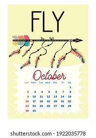 Colorful cute monthly boho calendar 2022 with dream catchers, boho owls, arrows, feathers, inspirational. vertical calendar for 2022, the week starts on Sunday. A4 format.