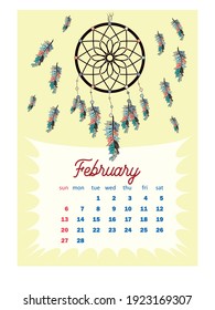 Colorful cute monthly boho calendar 2022 with dream catchers, boho owls, arrows, feathers, inspirational. vertical calendar for 2022, the week starts on Sunday. A4 format.