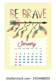 Colorful cute monthly boho calendar 2022 with dream catchers, boho owls, arrows, feathers, inspirational. vertical calendar for 2022, the week starts on Sunday. A4 format.
