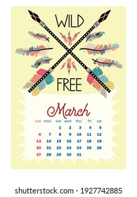 Colorful cute monthly boho calendar 2022 with dream catchers, boho owls, arrows, feathers, inspirational. vertical calendar for 2022, the week starts on Sunday. A4 format.