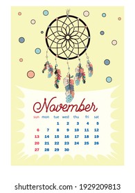 Colorful cute monthly boho calendar 2022 with dream catchers, boho owls, arrows, feathers, inspirational. vertical calendar for 2022, the week starts on Sunday. A4 format.