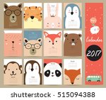 Colorful cute monthly calendar 2017 with bear,penguin,monkey and tiger.Can be used for web,banner,poster,label and printable