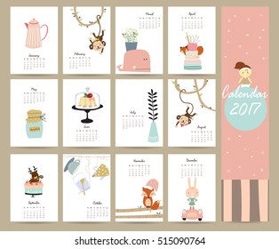 Farbiger süßer Monatskalender 2017 mit Wal, Baum, Affe, Kuchen und Kaninchen.Kann für Web, Banner, Poster, Etiketten und druckbare