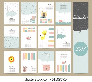 Colorful cute monthly calendar 2017 with bear,giraffe,lion,whale and cloud.Can be used for web,banner,poster,label and printable