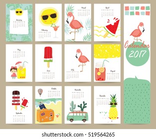 Farbenfrohe süße Monatskalender 2017 mit Flamingo, Eis, Ananas, Sonne, Lieferwagen im Sommer.Kann für Web, Banner, Poster, Etiketten und druckbare