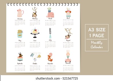 Colorful cute monthly calendar 2017 with whale,tree,monkey,cake and rabbit.Can be used for web,banner,poster,label and printable