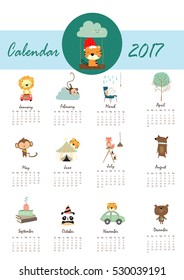 colorful cute monthly calendar 2017 with lion,tiger,panda,tree and bear travel vacation.Can be used for web,banner,poster,label and printable
