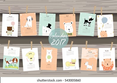 Colorful Cute Monthly Calendar 2017 With Cat,dog,bear And Balloon