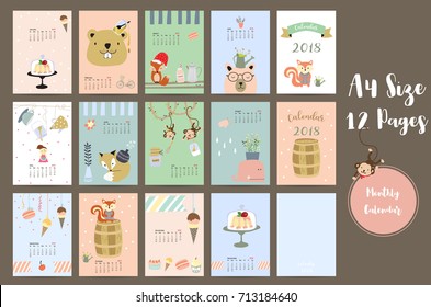 Colorful cute monthly calendar 2018 with whale,tree,monkey,cake,fox,girl and squirrel.Can be used for web,banner,poster,label and printable