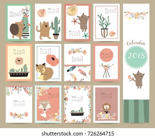 Colorful cute monthly calendar 2018 with fox,bear,cactus,wreath,flower and porcupine.Can be used for web,banner,poster,label and printable