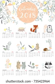 Colorful cute monthly calendar 2018 with wild,fox,bear,skunk,leaf,stump,flower,penguin and porcupine.Can be used for web,banner,poster,label and printable