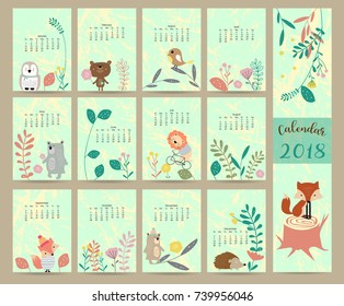 Colorful cute monthly calendar 2018 with wild,fox,bear,leaf,stump,flower,penguin and porcupine.Can be used for web,banner,poster,label and printable