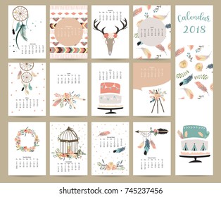 Colorful cute monthly calendar 2018 with wild,fox,bear,skunk,leaf,stump,flower,penguin and porcupine.Can be used for web,banner,poster,label and printable