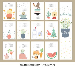 Colorful cute monthly calendar 2018 with bear,ice cream,cuctus,flamingo,flower,Christmas tree,cake,tiger,carrot and porcupine.Can be used for web,banner,poster,label and printable