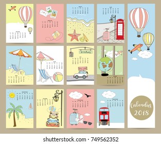 Colorful cute monthly calendar 2018 with bus,map,sea,car,balloon,travel.Can be used for web,banner,poster,label and printable