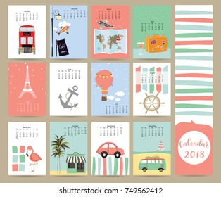 Colorful cute monthly calendar 2018 with bus,map,sea,car,balloon,travel.Can be used for web,banner,poster,label and printable