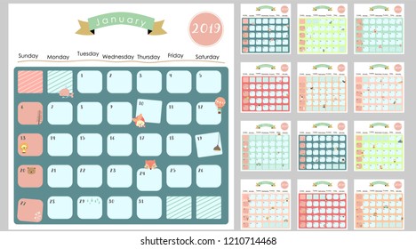 Colorful cute monthly calendar 2019 with lion,fox,cat,bear,balloon.Can be used for web,banner,poster,label and printable