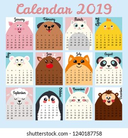 Colorful cute monthly calendar 2019 with amimals.Can be used for web,banner,poster,label and printable.