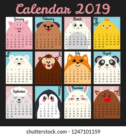 Colorful cute monthly calendar 2019 with amimals.Can be used for web,banner,poster,label and printable.