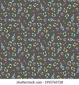 Colorful and cute musical notes pattern. Fabric design, vector illustration.