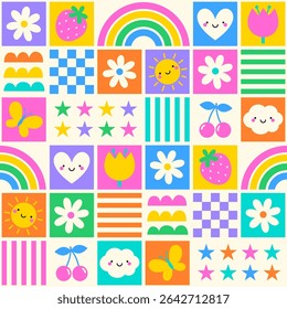 Colorful cute natural elements seamless square pattern design background.