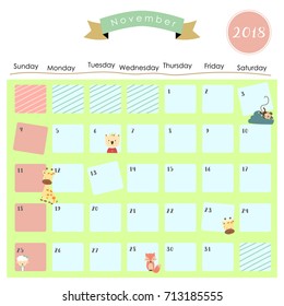 Colorful cute November 2018 calendar with monkey,bear,giraffe,fox and sheep