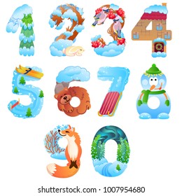 Colorful and cute numbers from 1 to 0 like winter objects with snow, fires and animals