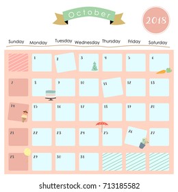 Colorful cute October 2018 calendar with ice cream,flower,balloon and umbrella