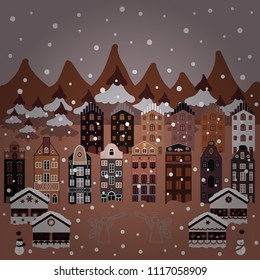 Colorful cute outdoors landscape. Rural community on brown, beige and gray colors. Vector village countryside scene background. Among hills. Freehand drawn cartoon style.