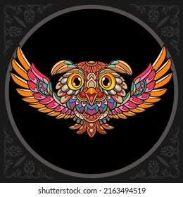 Colorful cute owl bird cartoon zentangle arts. isolated on black background.