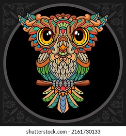 Colorful cute owl cartoon zentangle arts. isolated on black background.