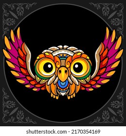 Colorful cute owl cartoon zentangle arts. isolated on black background.