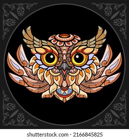 Colorful cute owl head cartoon zentangle arts. isolated on black background. Vector illustration