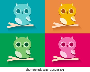 colorful cute owls on branches