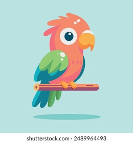 Colorful Cute Parrot on a Branch, flat vector illustration
