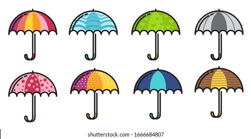 Colorful cute pattern umbrellas collection in flat style. Vector EPS 10