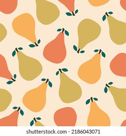 Colorful cute pears with green leaf hand drawn vector illustration. Summer fruit seamless pattern for kids fabric or wallpaper.
