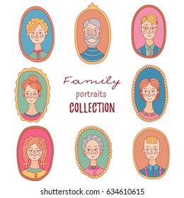 Colorful cute people family portraits doodle vector set