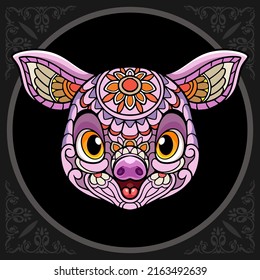 Colorful cute pig head cartoon zentangle arts. isolated on black background.