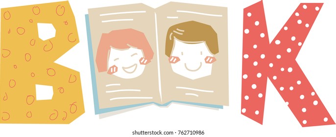 Colorful, Cute and Playful Vector Illustration of Spelled Out Word Book for Children with Smiling Faces of a Boy and a Girl on an Open Book Pages