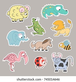 Colorful cute pretty baby animals stickers. Vector isolated. 