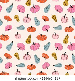 Colorful cute pumpkin seamless pattern. Autumn themed repeat print and background for fabric, wallpaper, stationery etc.  