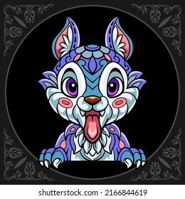 Colorful cute rabbit cartoon zentangle arts. isolated on black background. Vector illustration