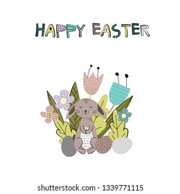 Colorful and cute rabbits in the Easter mood with eggs. Vector illustartion