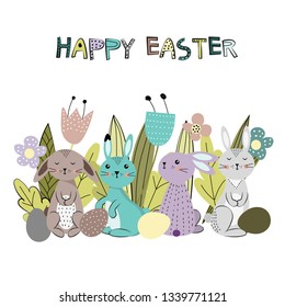 Colorful and cute rabbits in the Easter mood with eggs. Vector illustartion
