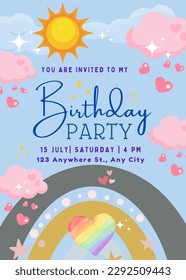 Colorful Cute Rainbow Birthday Party Invitation Vector Template: Bright Sunshine and Blue Sky!