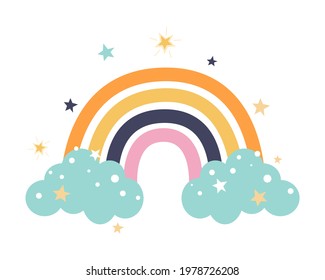 Colorful cute rainbow with blue clouds, stars on a white background. Vector flat cartoon illustration. Decor for children's posters, postcards, clothing and interior