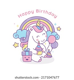 Colorful cute rainbow Unicorn for birthday greeting card illustration