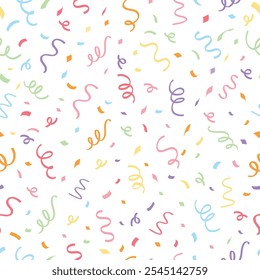 Colorful and cute ribbon confetti seamless pattern background for birthday, holiday decoration, fabric, wrapping paper, cover design. Vector illustration.